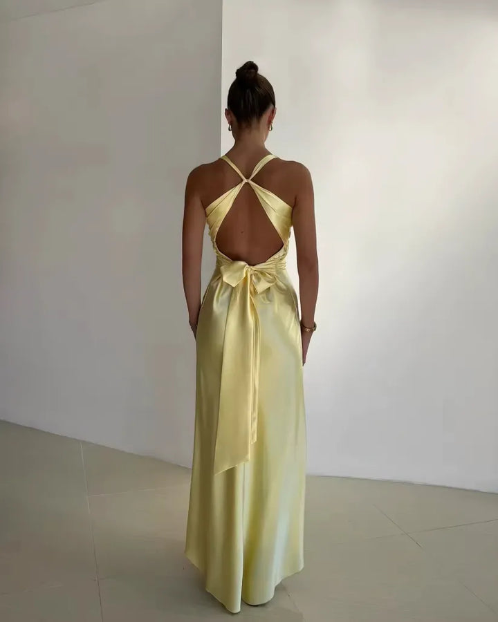Fiona - V-Neck Satin Bow Backless Maxi Dress