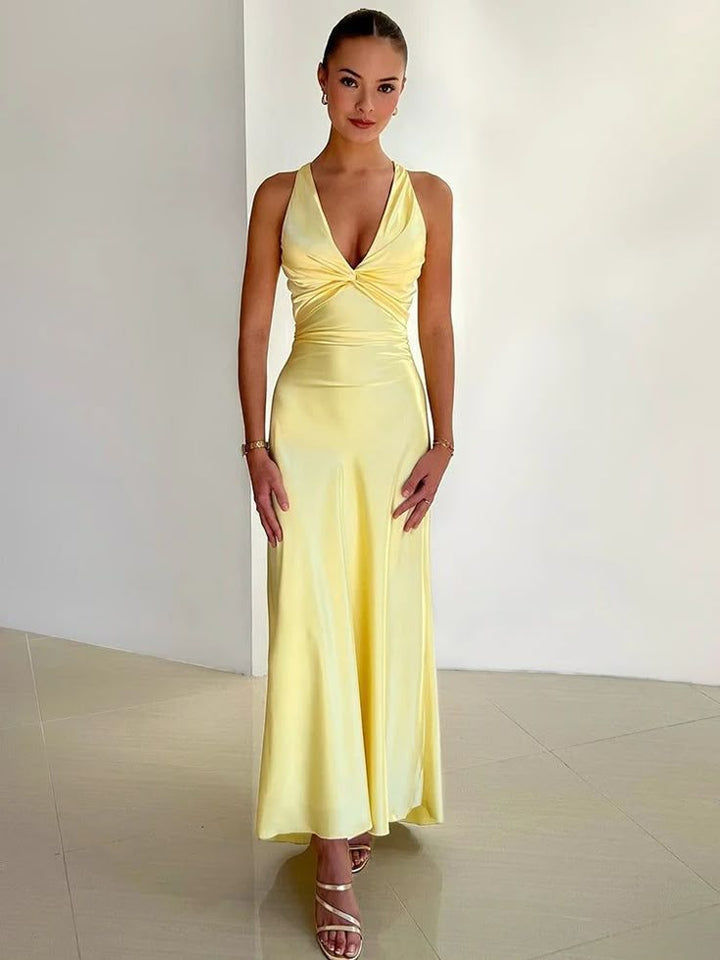 Fiona - V-Neck Satin Bow Backless Maxi Dress