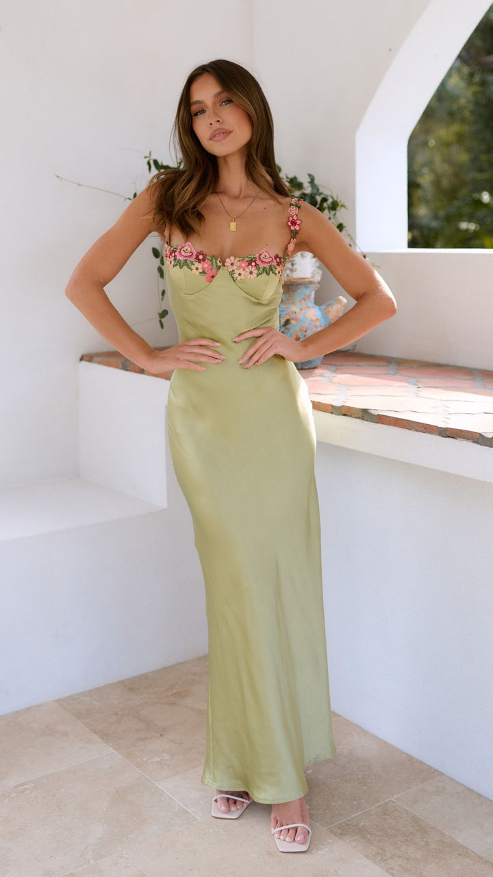Paula - Embroidered Stitching Solid Color Satin Dress