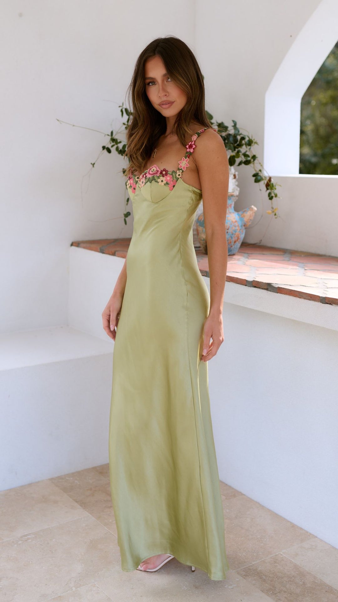 Paula - Embroidered Stitching Solid Color Satin Dress