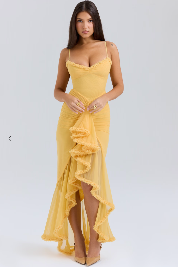 Cheryl - Ruched Ruffle Dovetail Party Dress