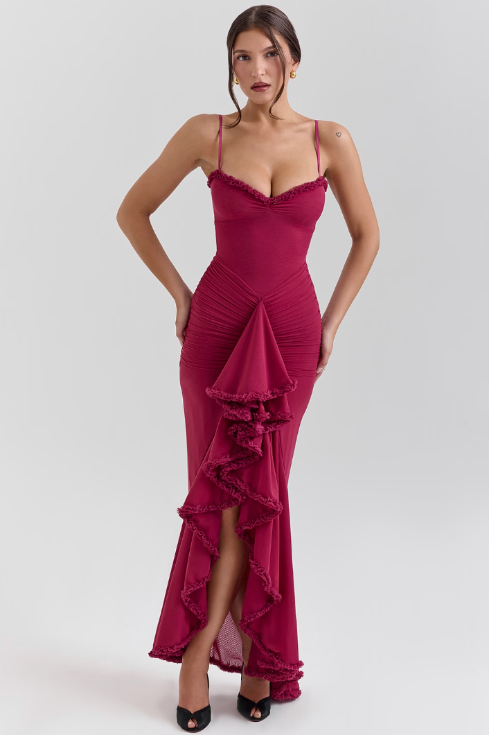 Cheryl - Ruched Ruffle Dovetail Party Dress