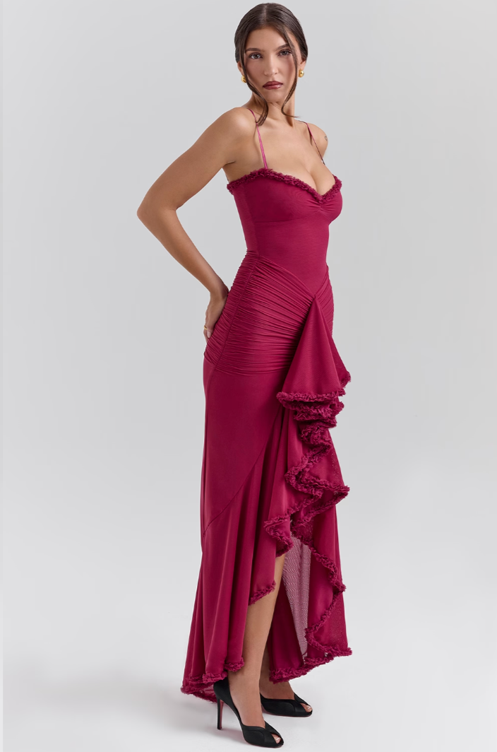 Cheryl - Ruched Ruffle Dovetail Party Dress