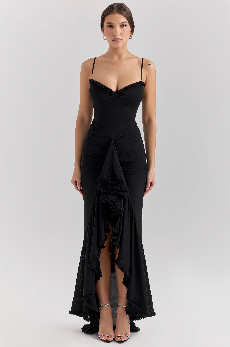 Cheryl - Ruched Ruffle Dovetail Party Dress