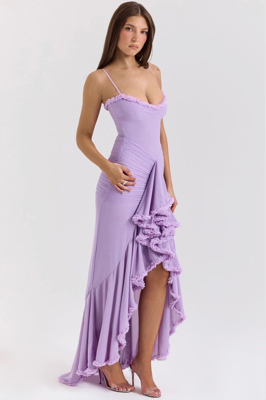 Cheryl - Ruched Ruffle Dovetail Party Dress