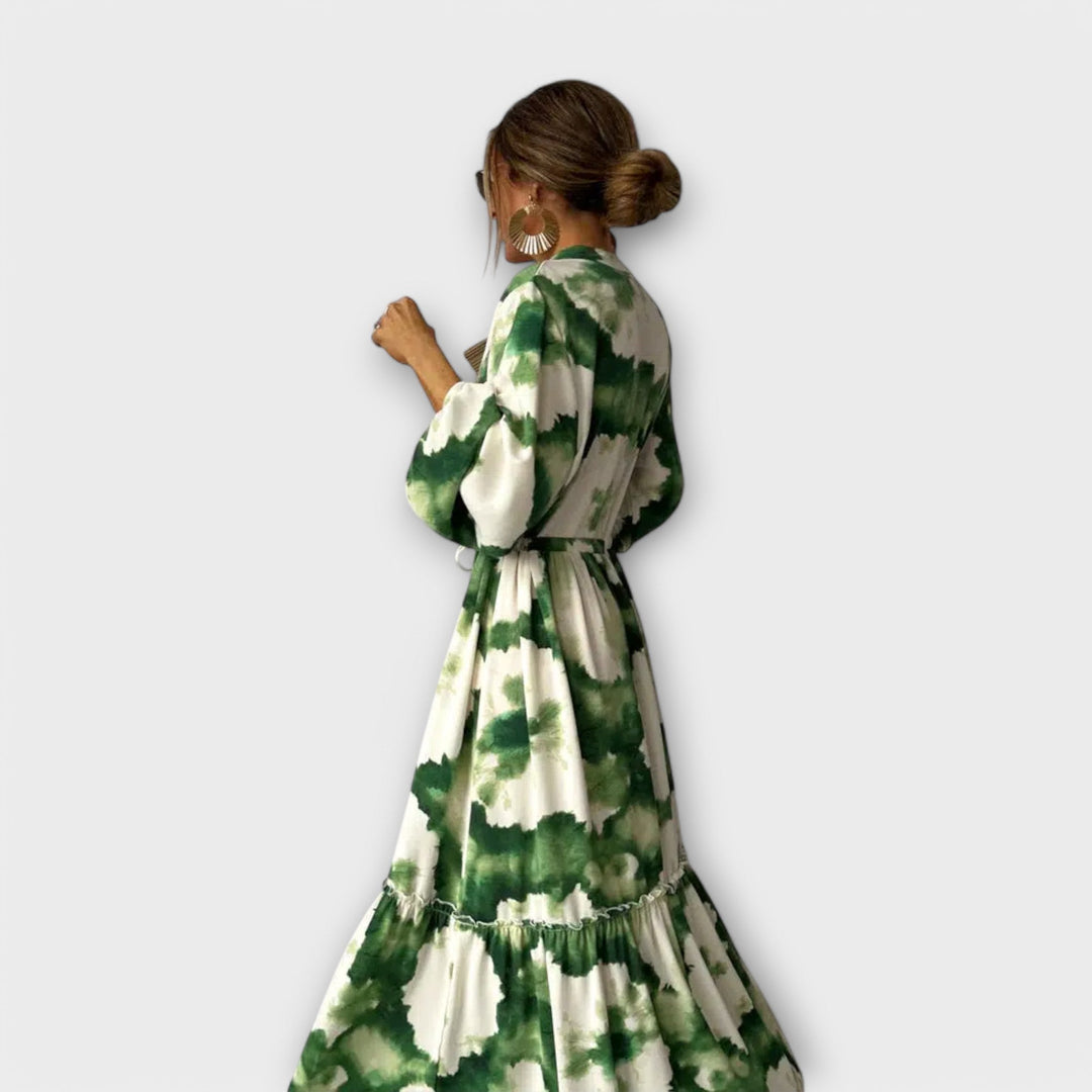 Karen - Green Dress with Long Sleeves and V-Neck