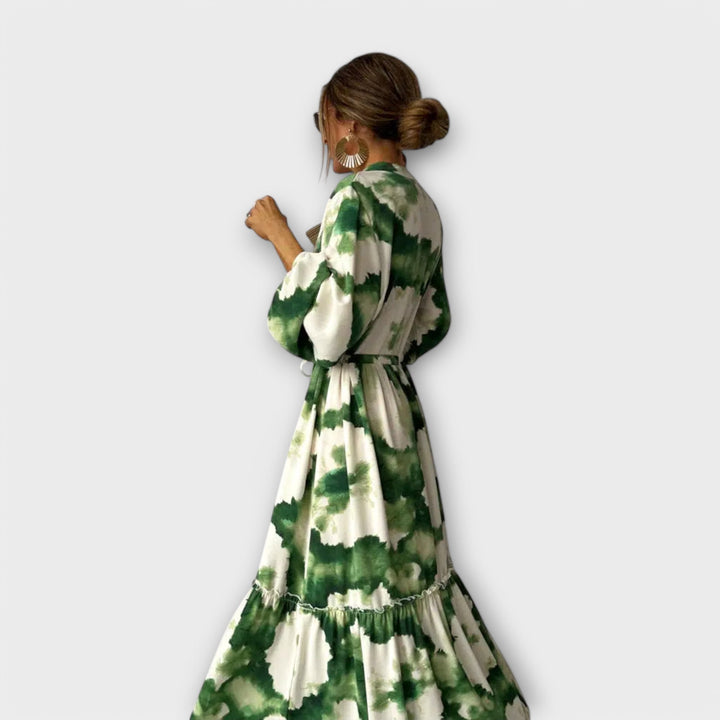 Karen - Green Dress with Long Sleeves and V-Neck