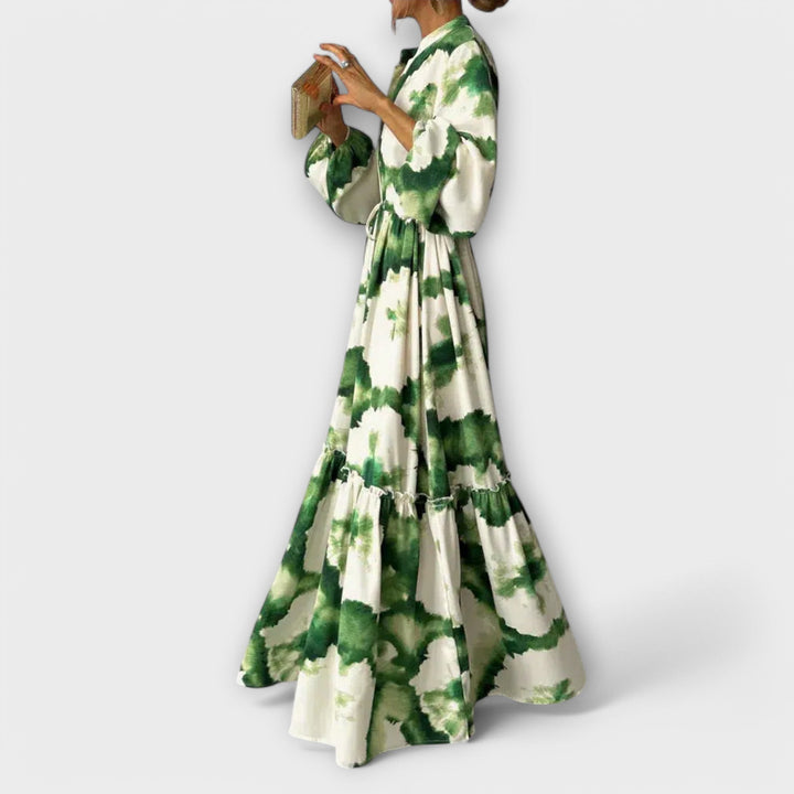Karen - Green Dress with Long Sleeves and V-Neck