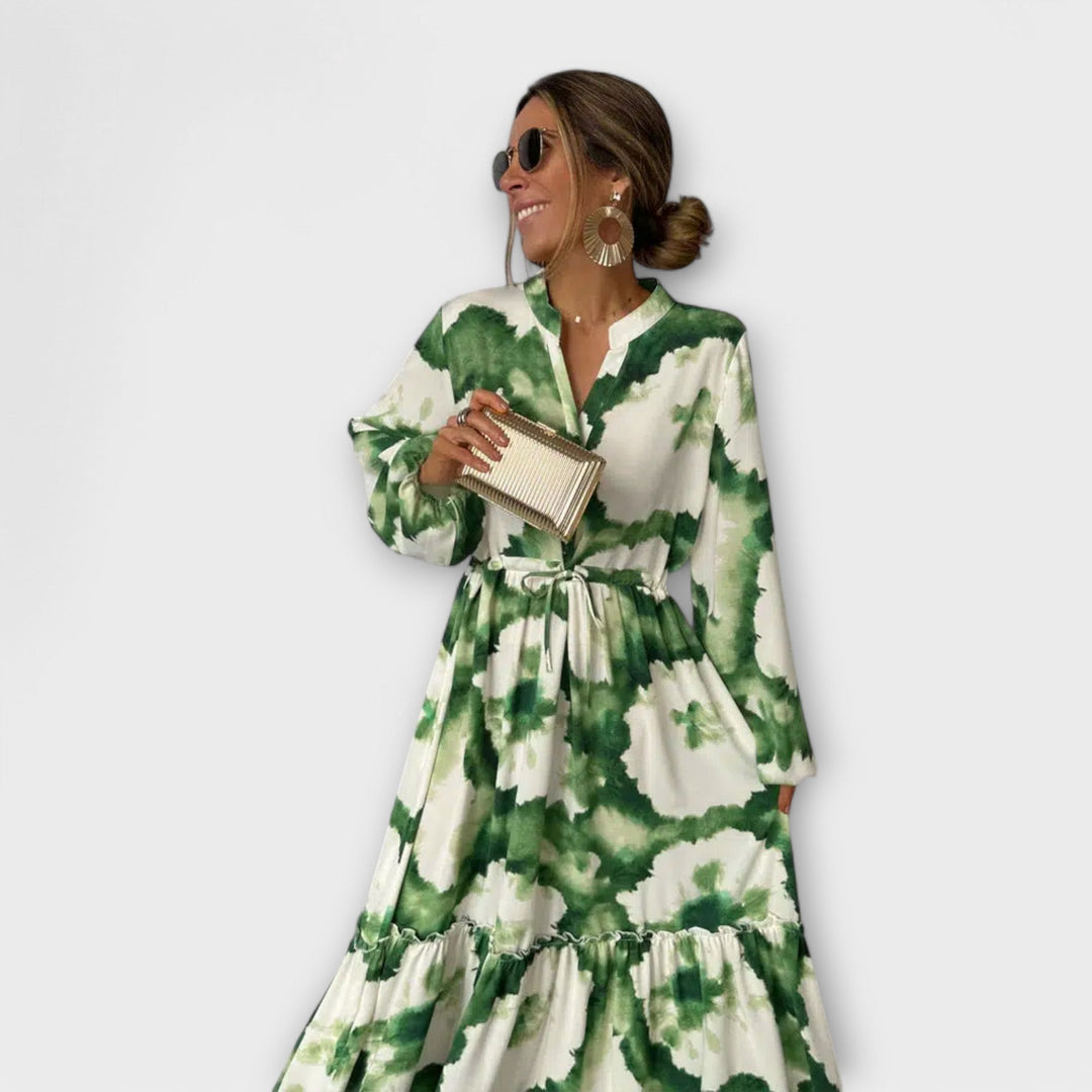 Karen - Green Dress with Long Sleeves and V-Neck